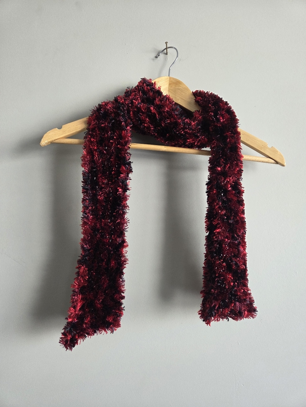 Y2k Vintage Red Black Fuzzy Skinny Scarf Cozy  Soft Plush Textured